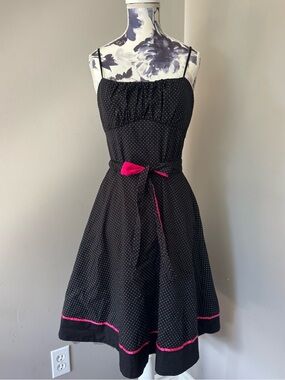 Y2K Ruby Rox Black Polka Dot Midi Dress with Pink Trim and Ribbon Belt